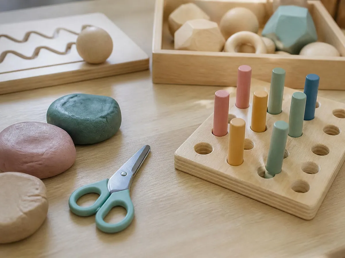 Holzspielzeug, Steckbrett und Knete auf einem Therapietisch