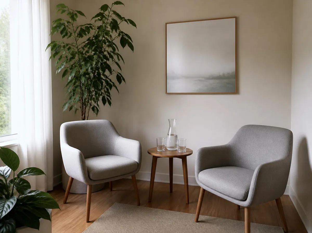 Wartebereich mit zwei Sesseln, kleinem Tisch und Pflanze